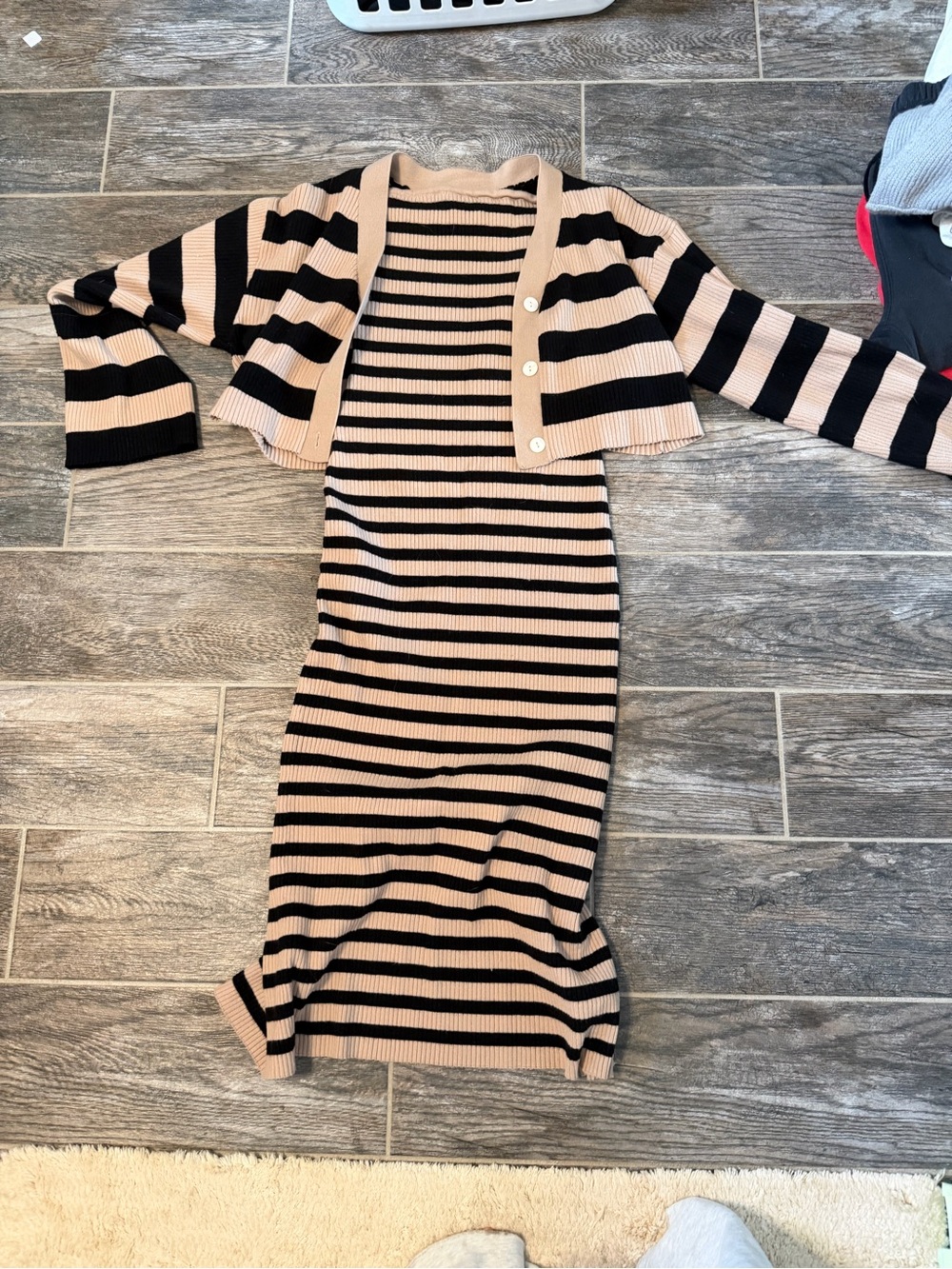 Striped Knit Two-Piece Dress Set in Beige and Black